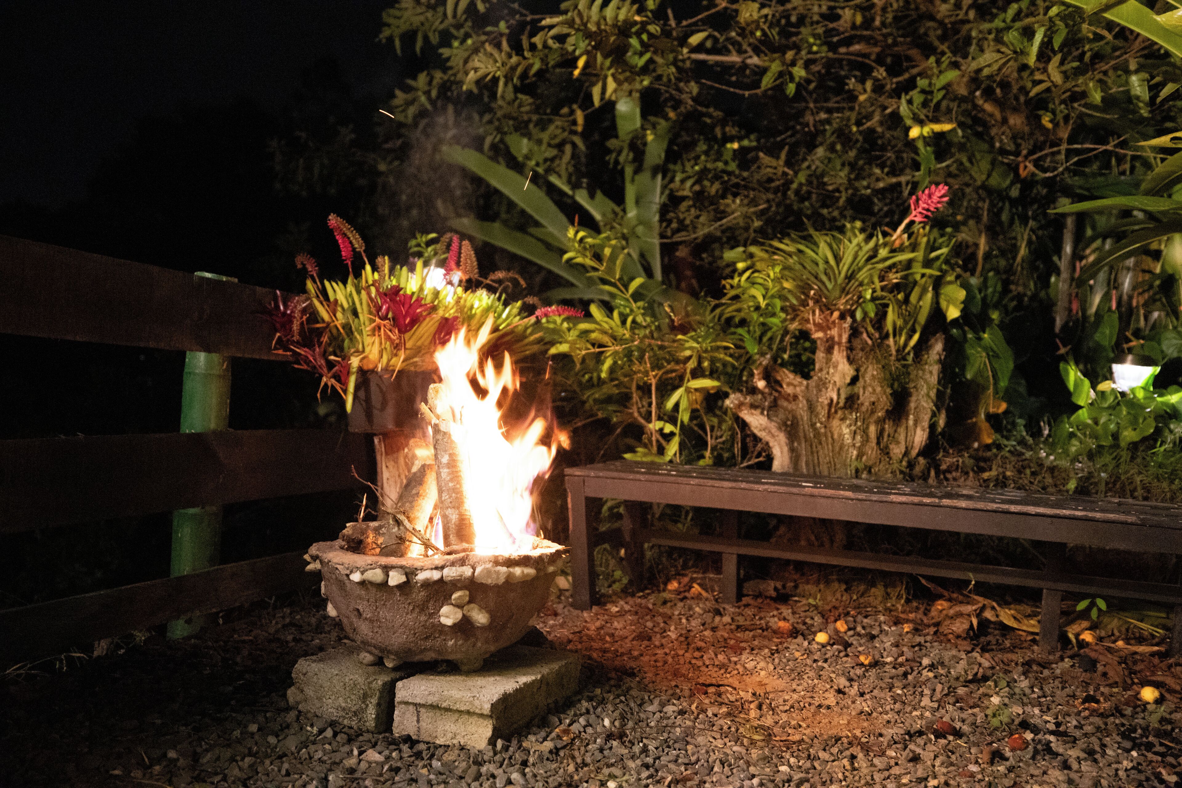 A night scene with a fire in a stone bowl, surrounded by greenery and a wooden bench.