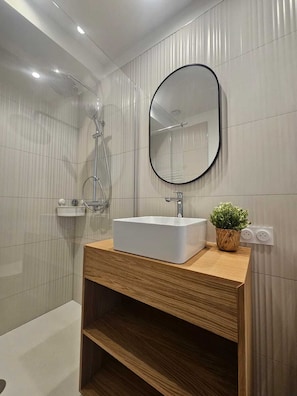 Shower, hair dryer, towels, toilet paper