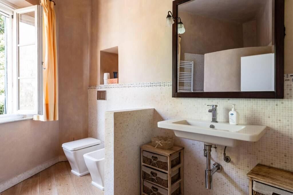 A bathroom with a white sink, a mirror, and a toilet. There is a window with curtains, and a small wooden chest of drawers.
