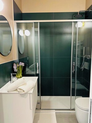Hair dryer, towels, soap, toilet paper