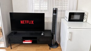 A room with a black entertainment unit featuring a television displaying 'NETFLIX' and a white microwave on top. - Charming Riverside Studio - Stork 41 (Zürich)