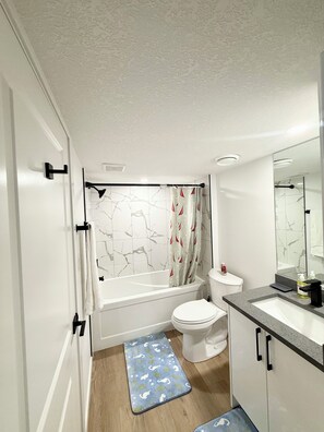 Secadora de cabello, toallas, jabón, papel de baño 