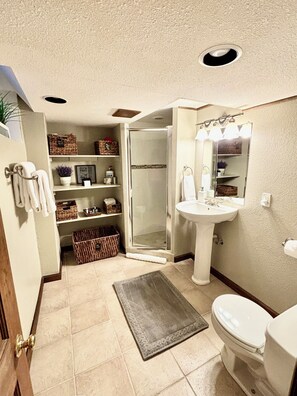 Hair dryer, towels, soap, toilet paper