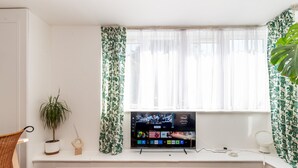 A room with a television on a stand, a potted plant, a wicker chair, and a red patterned rug.