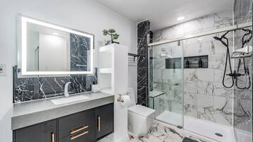 Hair dryer, towels, soap, toilet paper