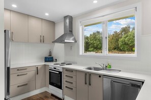 Fridge, microwave, dishwasher, coffee/tea maker