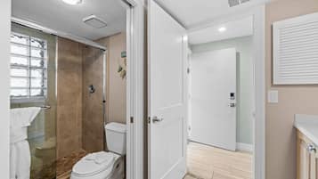 Un baño con cabina de ducha de vidrio, inodoro y puerta blanca que da a otra habitación.