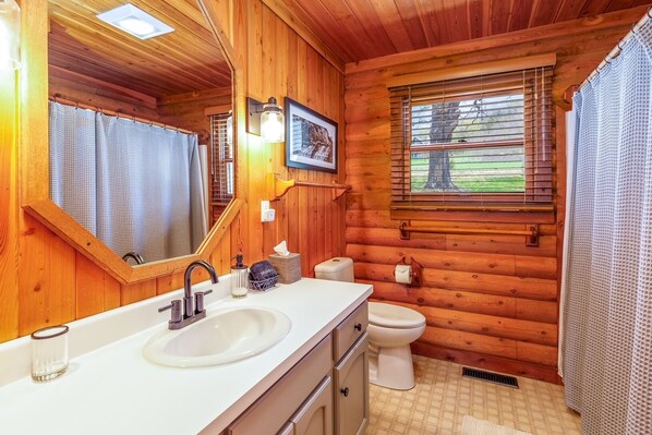 Baño de cabaña de madera con lavabo, inodoro y un espejo grande.