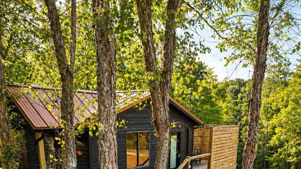 Eine Hütte mit einer Terrasse, umgeben von Bäumen und über eine Holztreppe erreichbar.