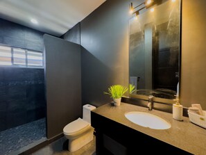 Shower, hair dryer, towels