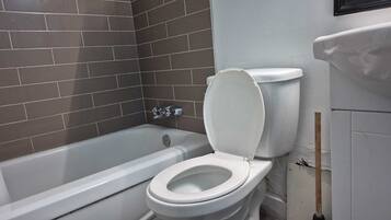 Hair dryer, towels, soap, toilet paper