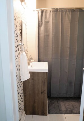 Séchoir à cheveux, serviettes fournies, savon, papier de toilette