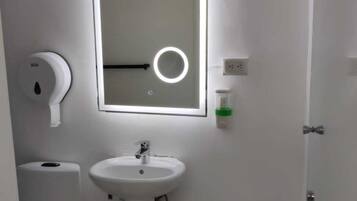 Shower, towels, soap, toilet paper