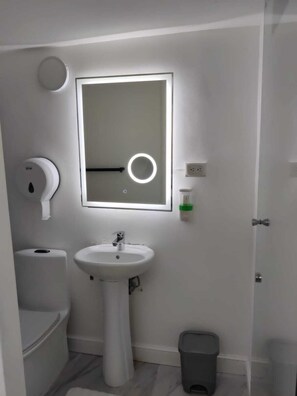 Shower, towels, soap, toilet paper