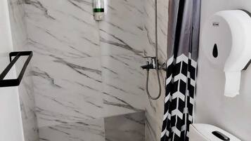 Shower, towels, soap, toilet paper