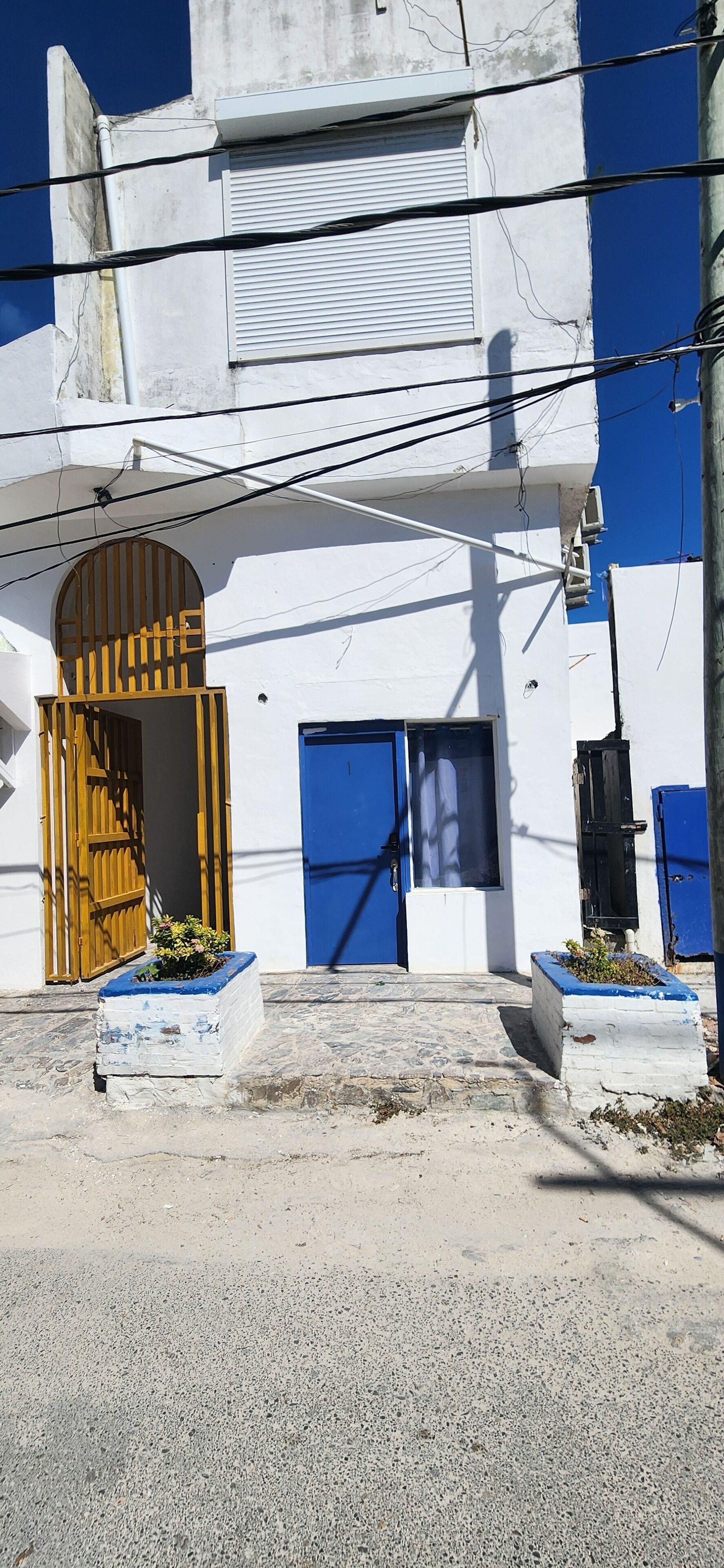 A building with a white facade and blue doors, featuring a wooden gate and a small garden area.