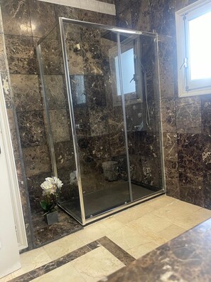 Shower, hair dryer, towels, soap