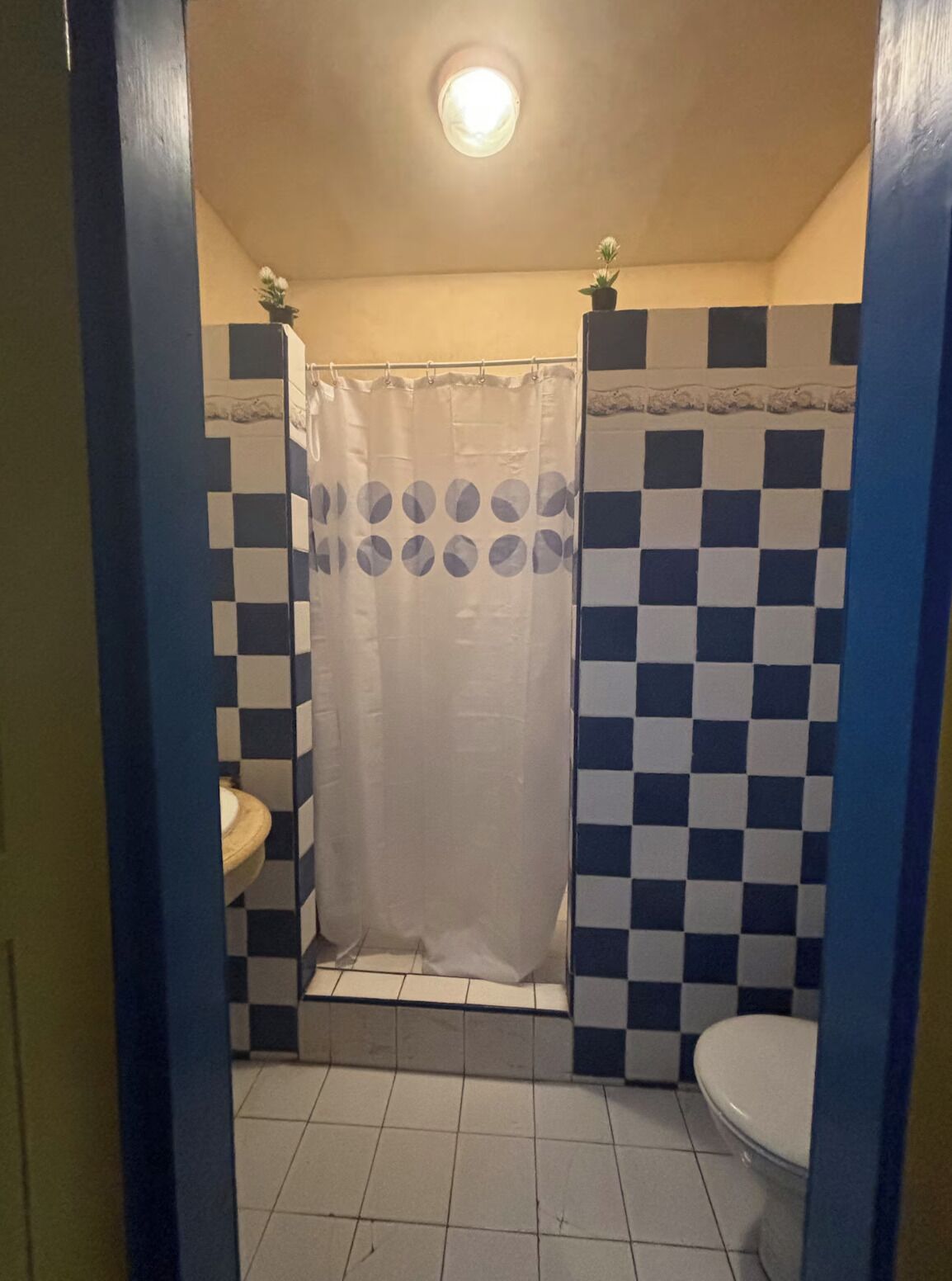 A bathroom with a checkered tile pattern, a white toilet, and a shower curtain.