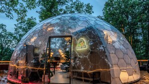 A geodesic dome structure with a glass door, interior lighting, and a wooden deck surrounding it. - 1 of a Kind! Largest Luxurious TRANSPARENT DOME in USA (Mars Hill)