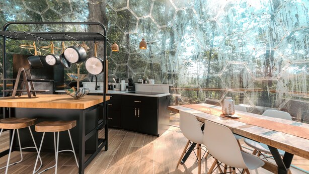 A modern kitchen with a wooden countertop, black cabinets, and a large window overlooking a forest. - 1 of a Kind! Largest Luxurious TRANSPARENT DOME in USA (Mars Hill)