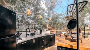 A modern outdoor kitchen with a black refrigerator, a sink, and a wooden dining table. - 1 of a Kind! Largest Luxurious TRANSPARENT DOME in USA (Mars Hill)