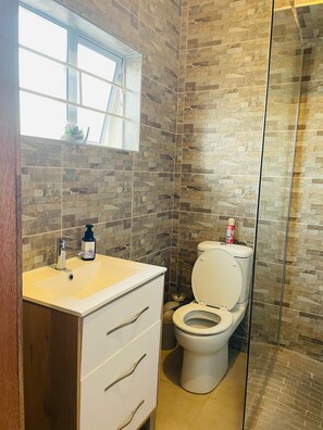 Shower, hair dryer, towels, soap