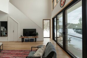 Smart TV, caminetto, libri