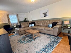 Smart TV, fireplace, books