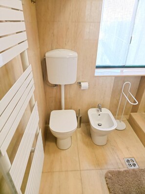 Haartrockner, Bidet, Handtücher, Toilettenpapier