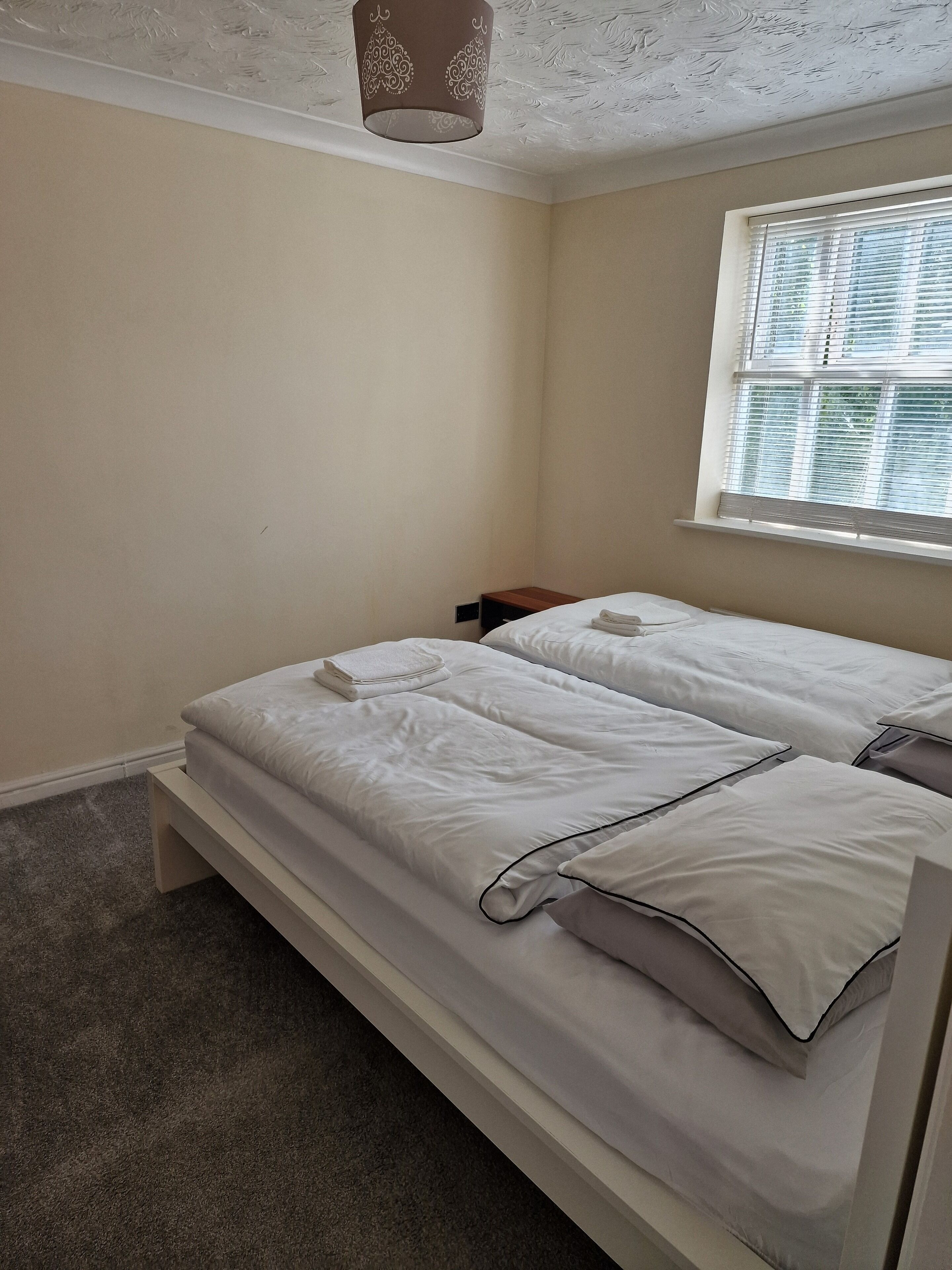 Una camera da letto con due letti, una finestra con tende, un lampadario e pavimento con moquette.