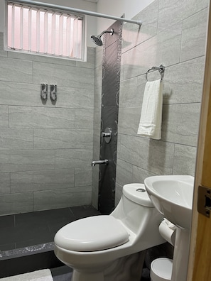 Shower, hair dryer, towels, soap