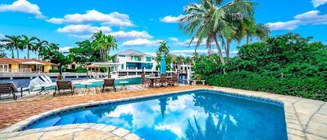 A swimming pool with lounge chairs and umbrellas, surrounded by palm trees and a clear blue sky.