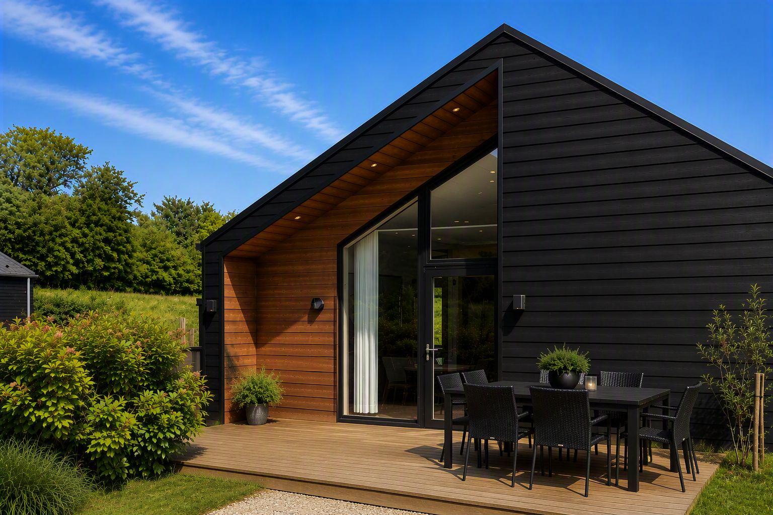 Une maison moderne dotée d’une terrasse en bois et d’un coin repas avec mobilier d’extérieur.
