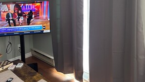 A living room with a television displaying a talk show, a wooden coffee table with a remote and tissues, and a window with curtains.