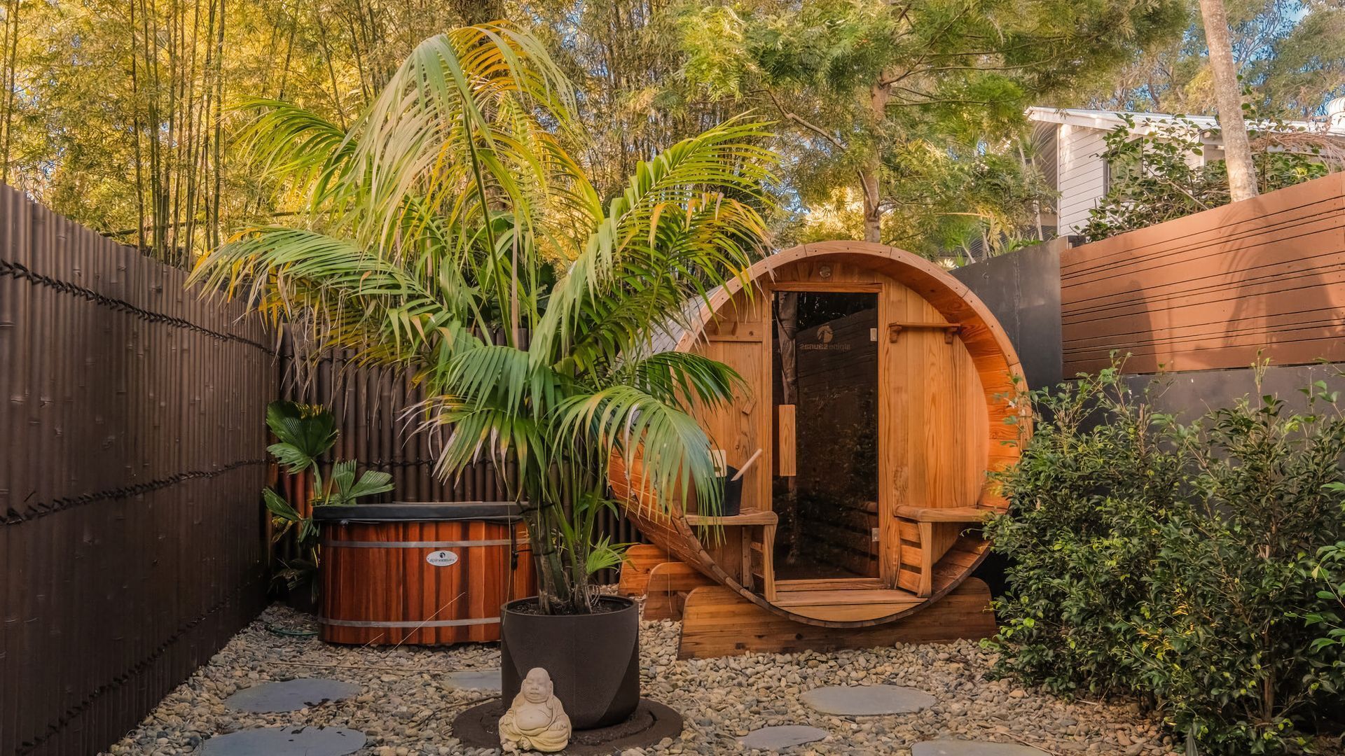 Barrel sauna + cold plunge, wrapped in tranquility