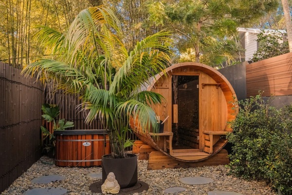 Barrel sauna + cold plunge, wrapped in tranquility