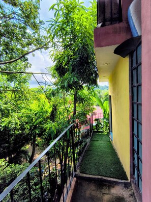 A narrow pathway with a metal railing, bordered by lush green foliage and a small patch of artificial grass. - CASA ROSA SAYULITA (Sayulita)