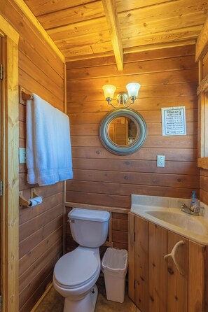 Un baño de cabaña de madera con inodoro, lavabo y un perchero para toallas.