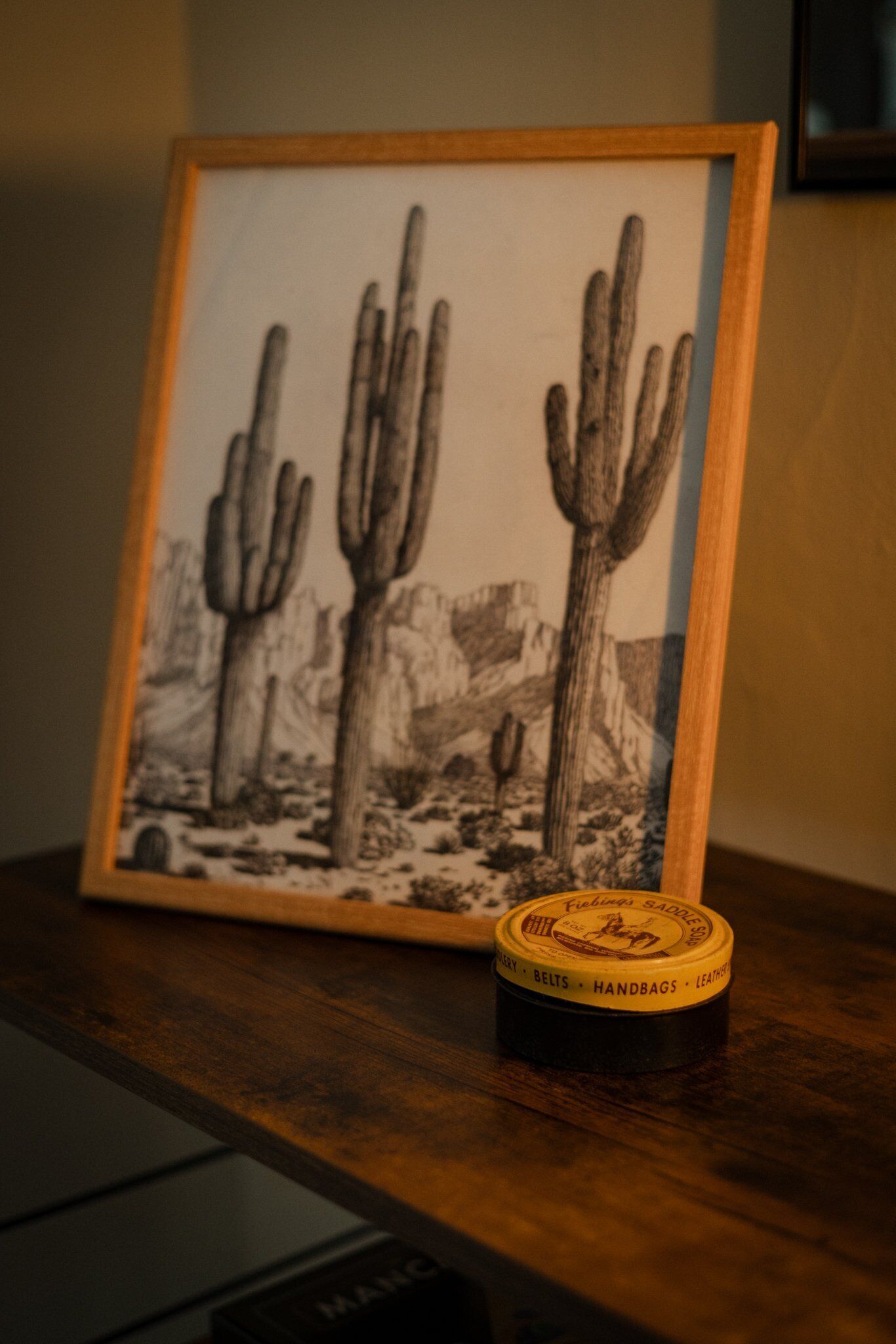 A framed black and white photograph of cacti on a wooden surface next to a tin labeled "Fingers SANDALS."