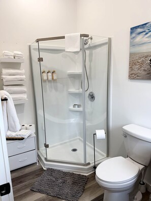Douche, séchoir à cheveux, serviettes fournies
