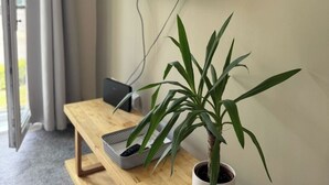 Une pièce comprenant un banc en bois, une plante en pot, un téléviseur à écran plat fixé au mur et une fenêtre avec des rideaux.