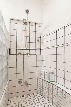 Hair dryer, towels, soap, shampoo