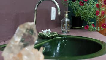 Douche, sèche-cheveux, serviettes fournies, savon