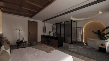 Een moderne slaapkamer met een groot bed, houten plafond, een kaptafel met spiegel, en een badkamer met douche en plant.
