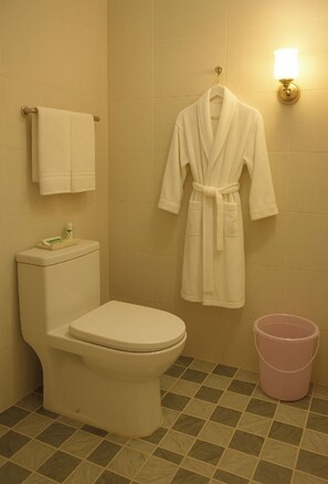 Regadera, toallas, jabón, papel de baño