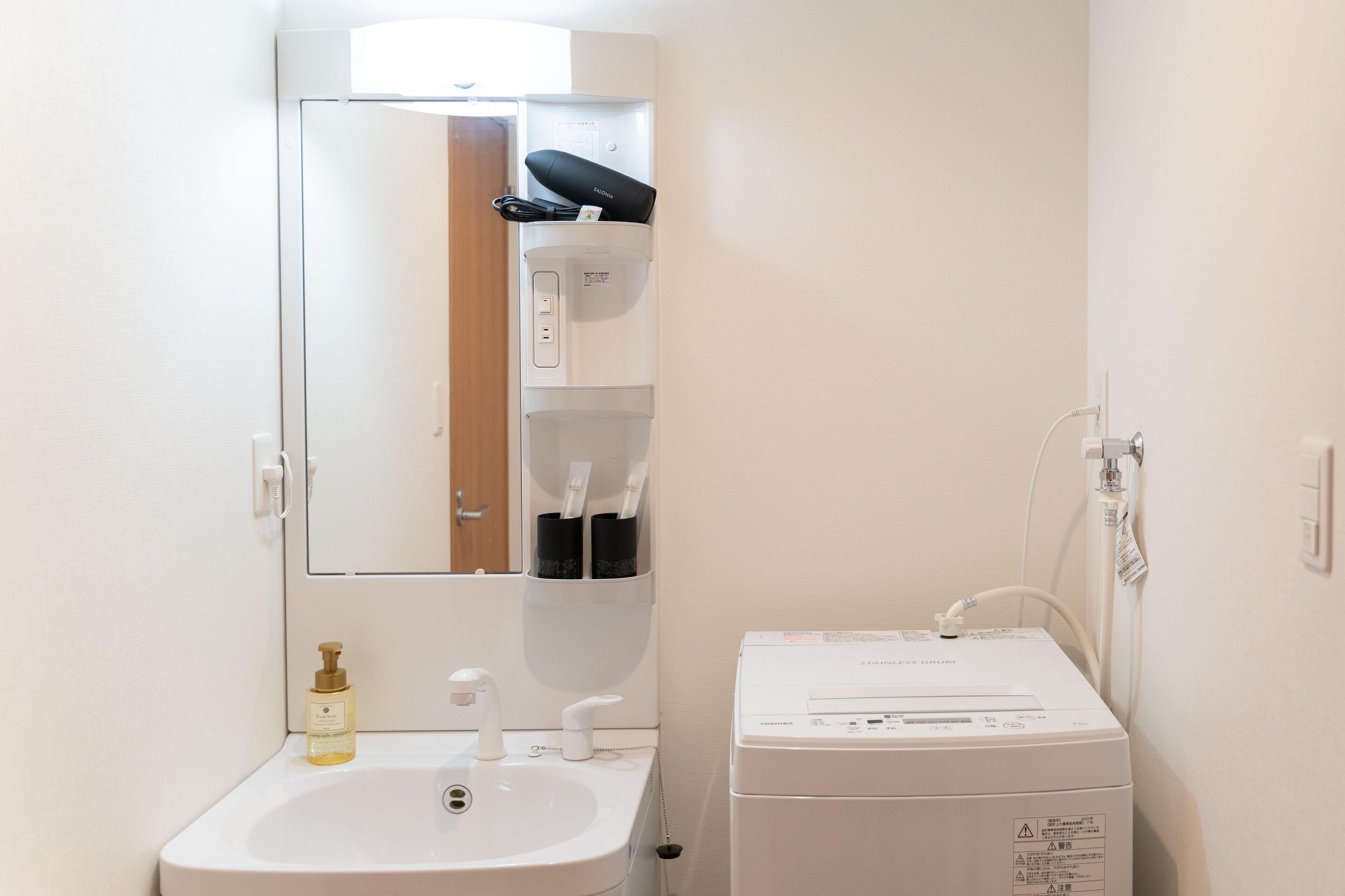 A bathroom with a sink, mirror, and a hairdryer.
