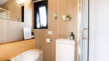 Shower, hair dryer, towels, shampoo