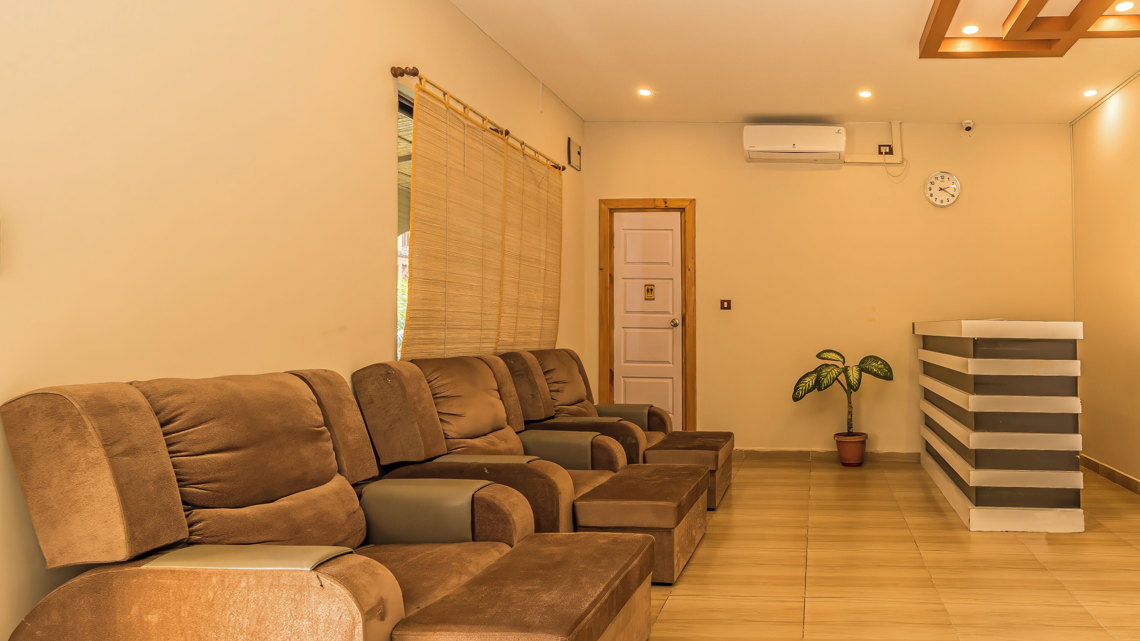 Una sala de estar con un conjunto de sofá, una planta en maceta y un aire acondicionado instalado en la pared.