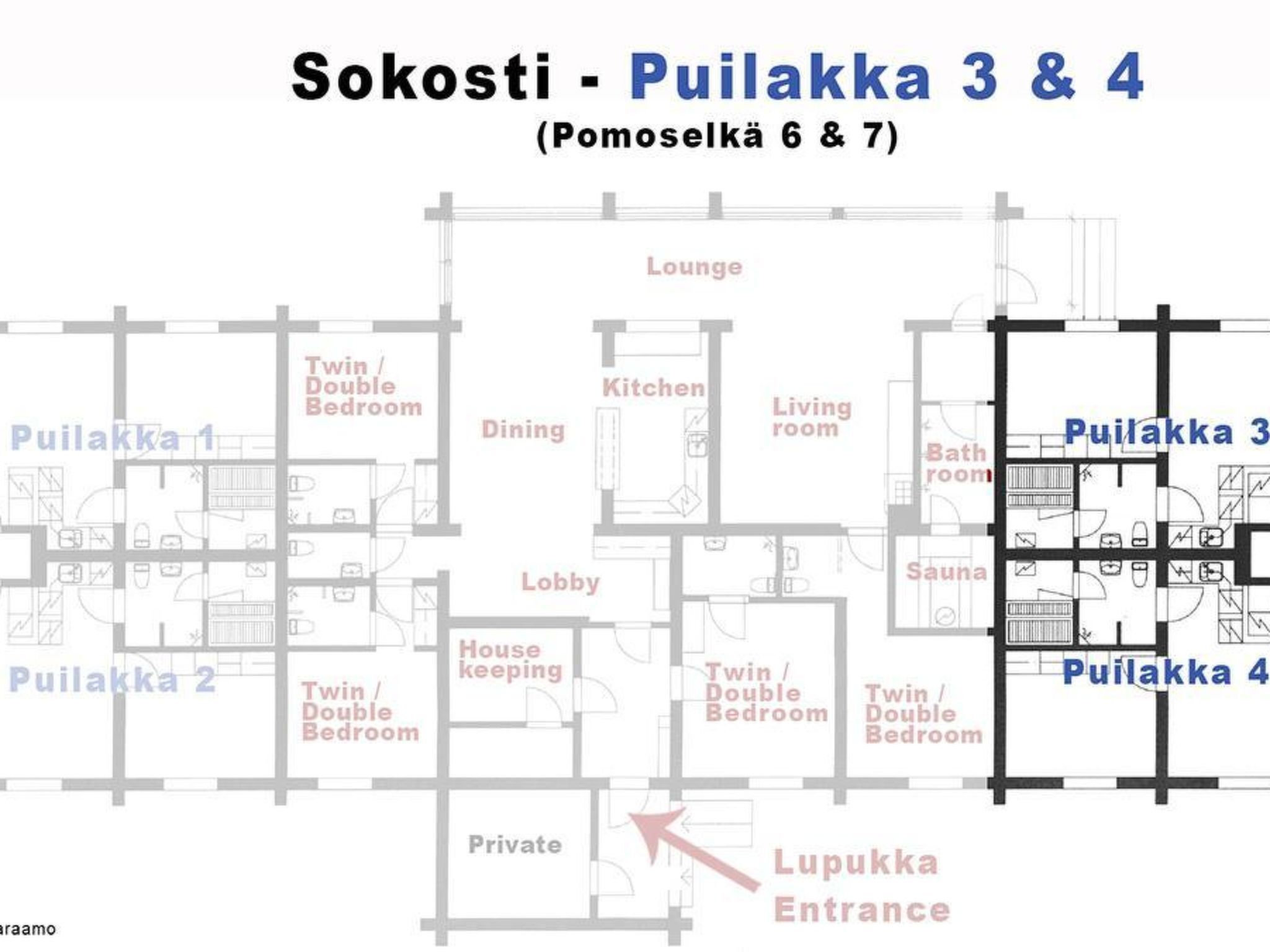A floor plan of a hotel with multiple Puilakka rooms, a private area, and a lounge.