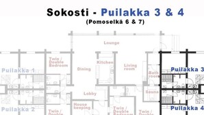 Plano de planta de un hotel que muestra habitaciones Puilakka, una zona privada y un salón.